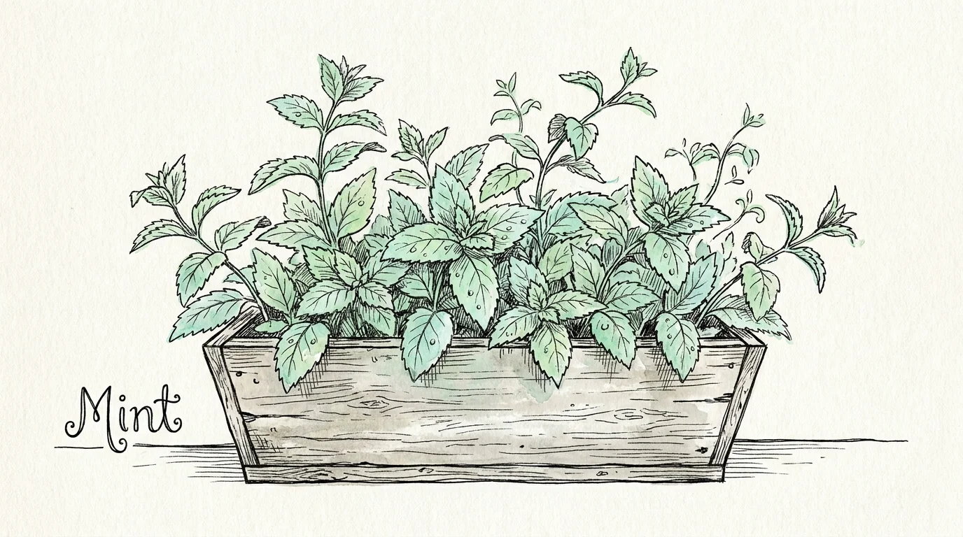 An ink and watercolor sketch of a mint plant in a window box, showing serrated leaves and new growth.