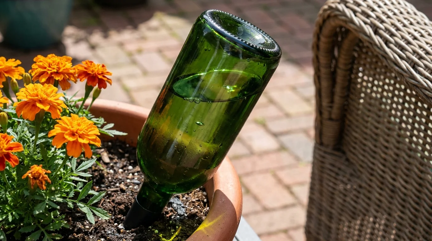 An inverted green wine bottle filled with water, providing slow-release irrigation to a potted marigold plant.