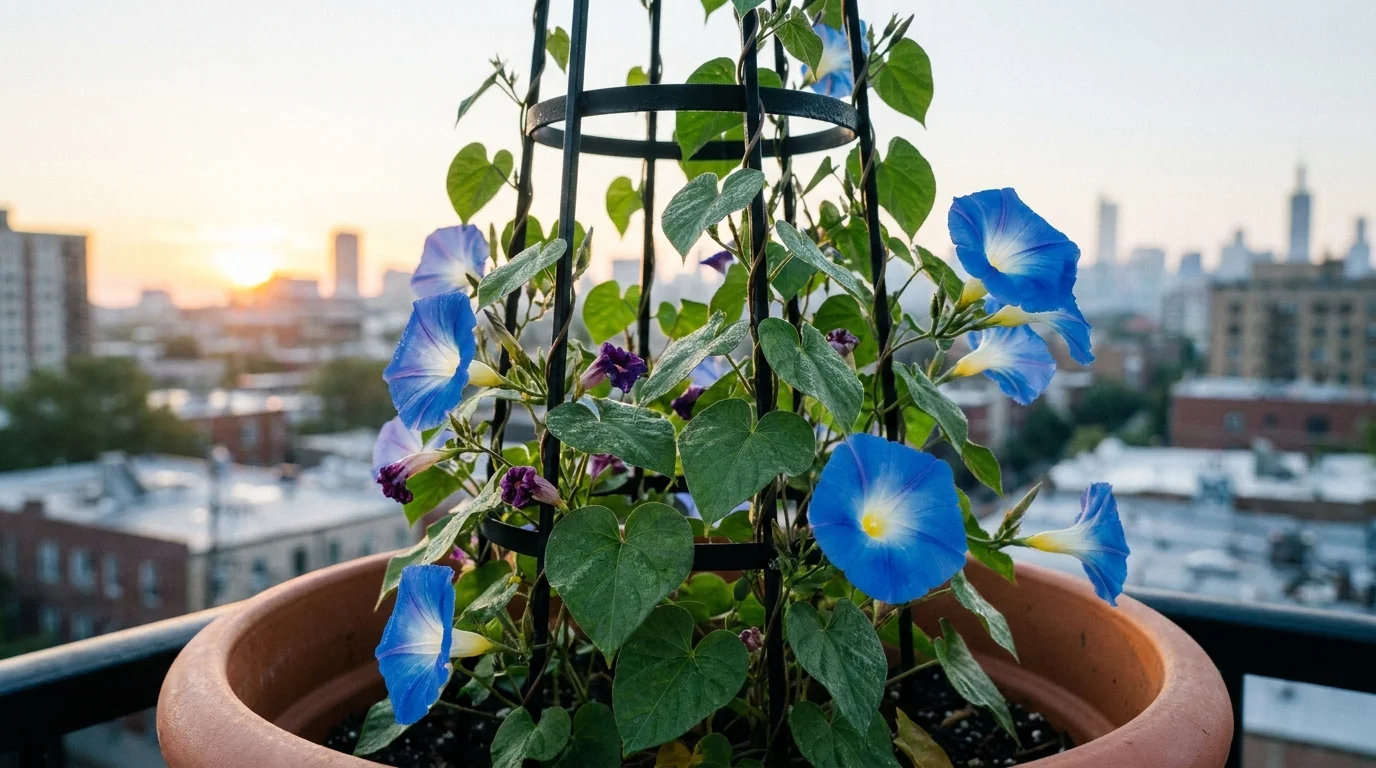 Blue Morning Glory flowers climbing a trellis in the early morning light.