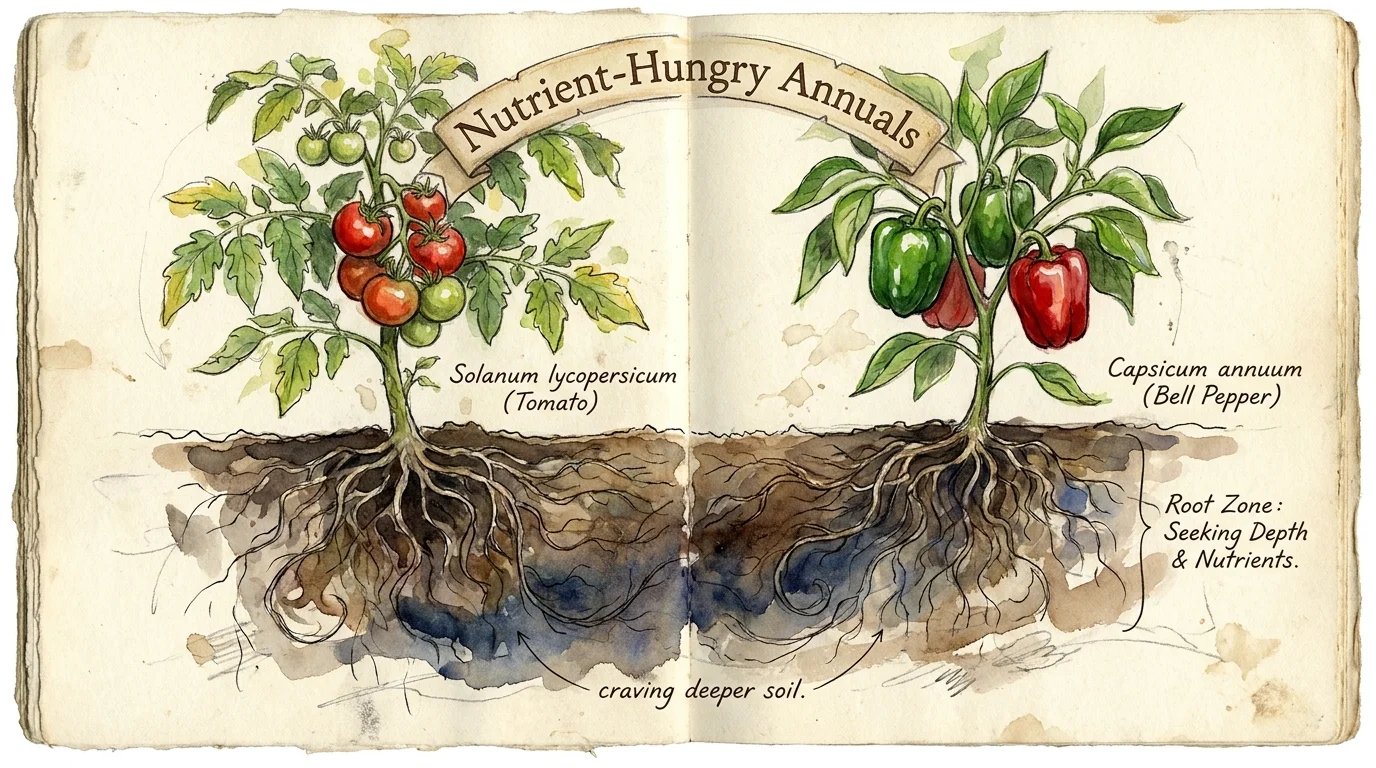 Botanical watercolor of tomato and pepper plants highlighting their need for deep soil and high nutrient levels.