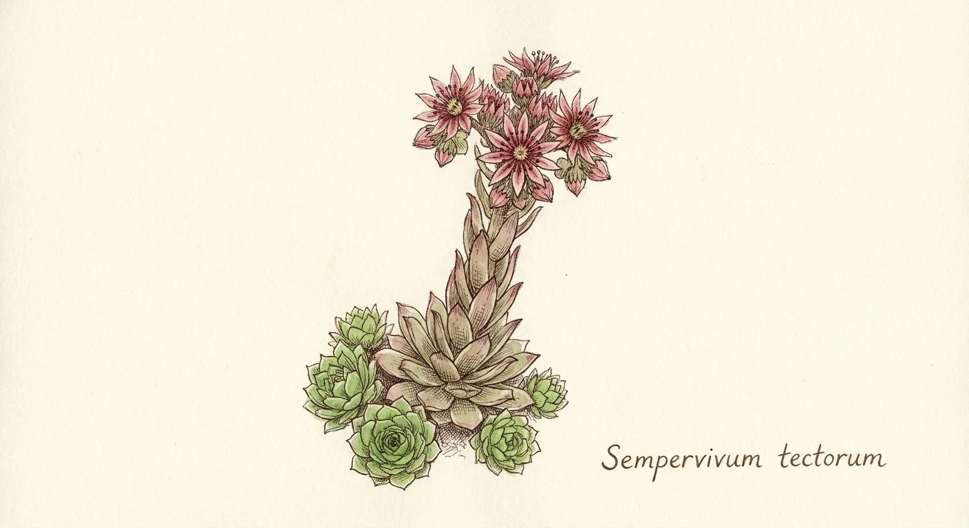 Botanical watercolor sketch of a Hens and Chicks plant with a tall pink flower stalk and small offsets.