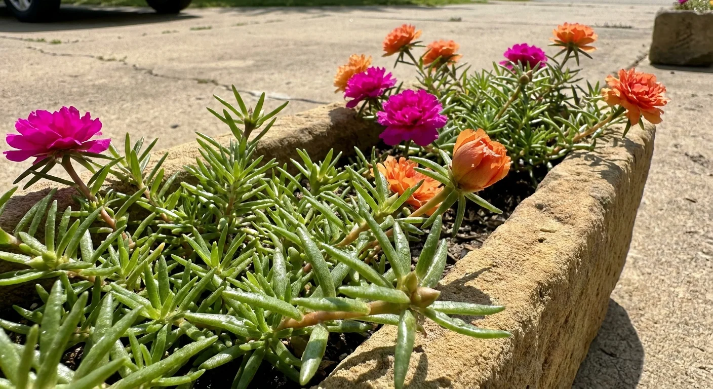 Bright magenta Moss Rose flowers with succulent-like leaves growing in a stone planter on a concrete patio.