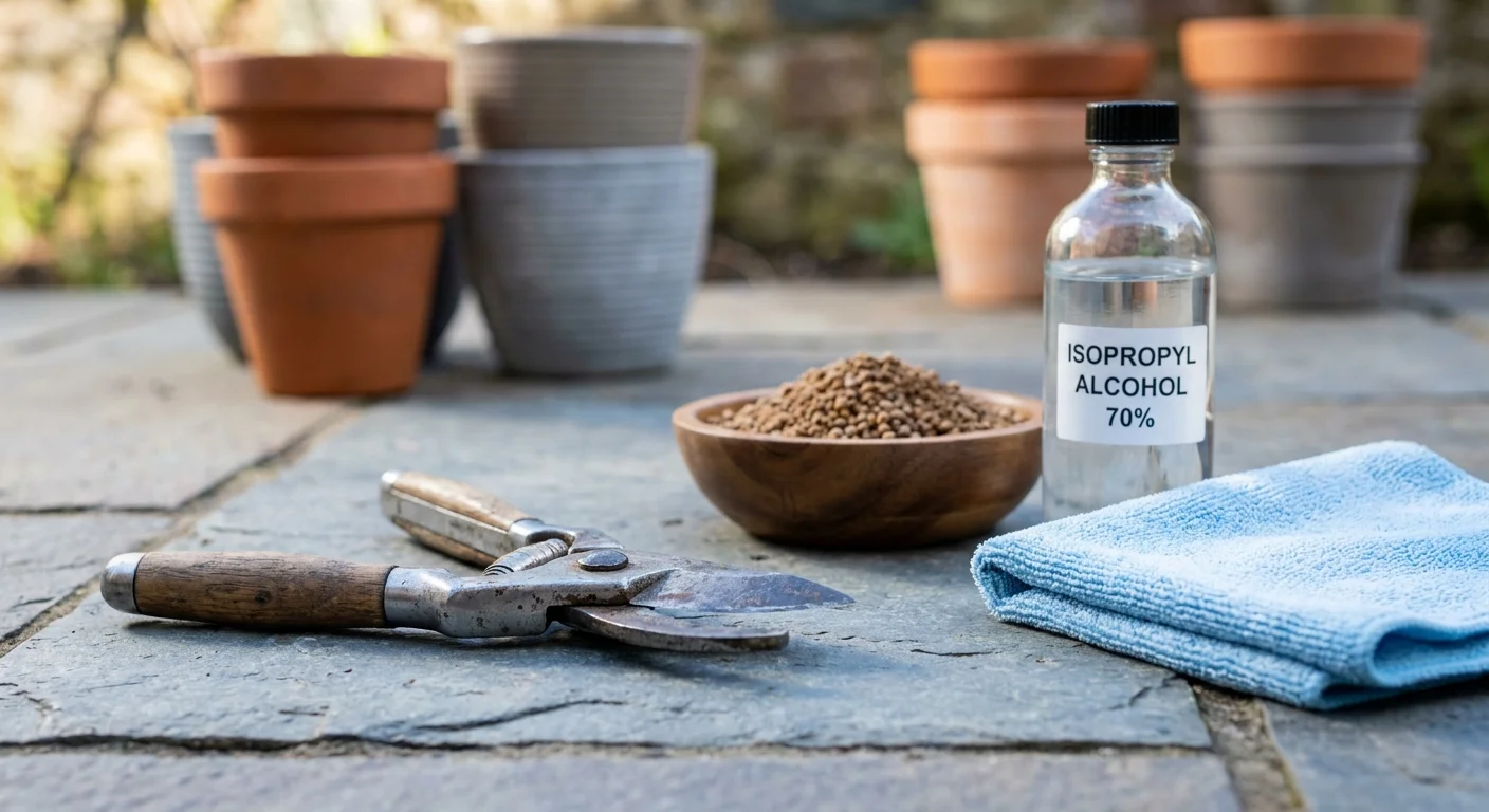 Clean gardening shears and a bowl of organic fertilizer on a slate patio, representing smart garden maintenance.