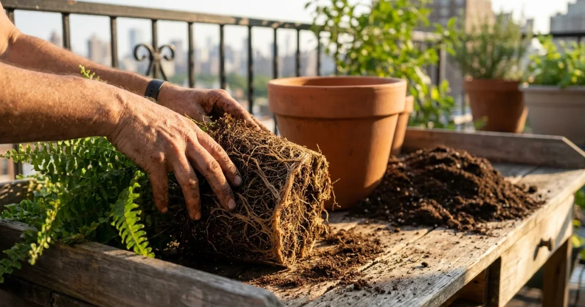 Close-up of a gardener's hands loosening roots of a plant on a balcony potting bench, preparing it for a larger terracotta pot.