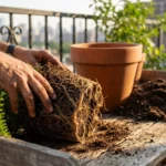 Close-up of a gardener's hands loosening roots of a plant on a balcony potting bench, preparing it for a larger terracotta pot.