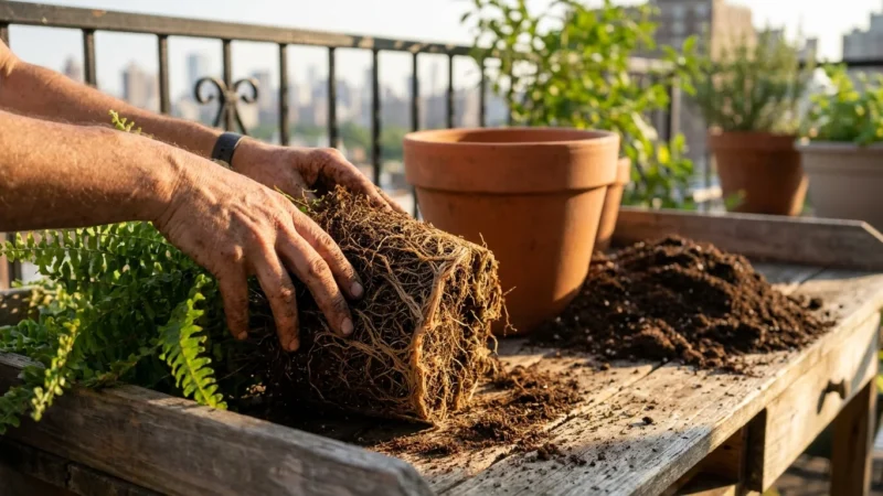 Close-up of a gardener's hands loosening roots of a plant on a balcony potting bench, preparing it for a larger terracotta pot.