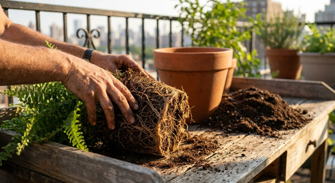 Close-up of a gardener's hands loosening roots of a plant on a balcony potting bench, preparing it for a larger terracotta pot.