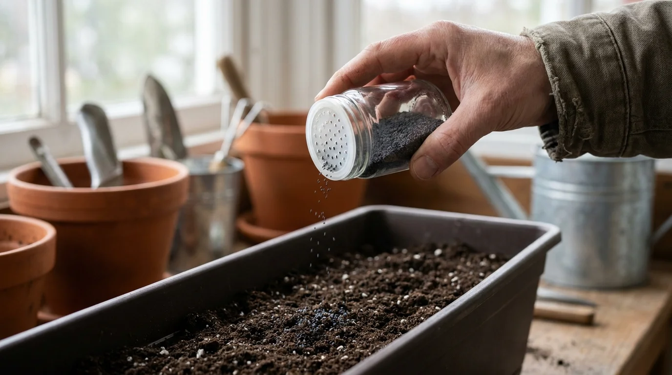 Close-up of a hand using a glass spice shaker to evenly distribute tiny black seeds over a planter box.