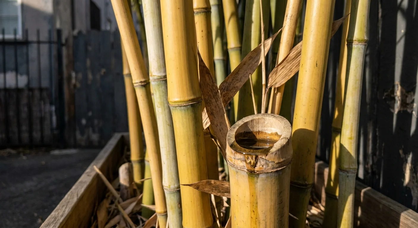 Close-up of bamboo stalks, showing a cut stalk holding a small pool of water in its hollow center.