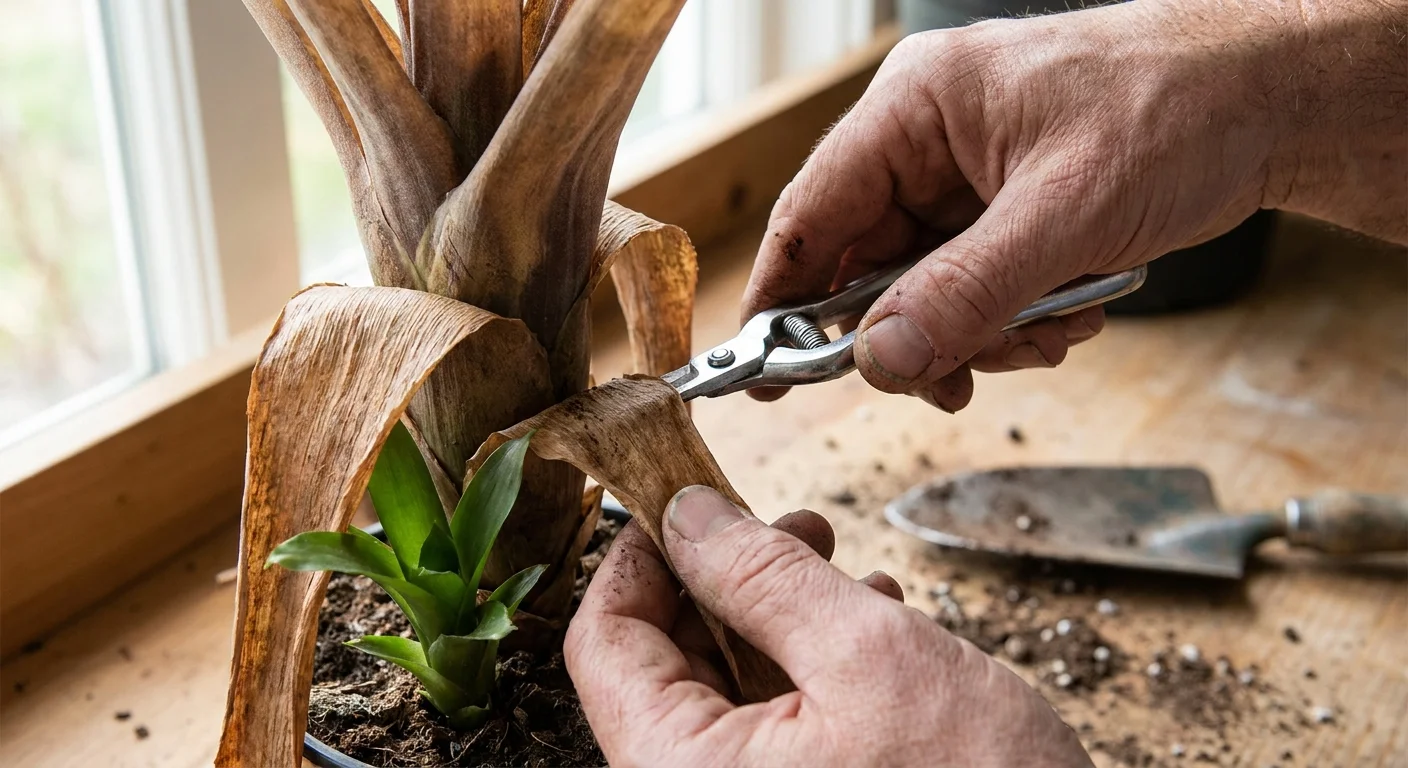 Close-up of hands pruning a brown leaf from a dying plant to help a new small sprout grow.