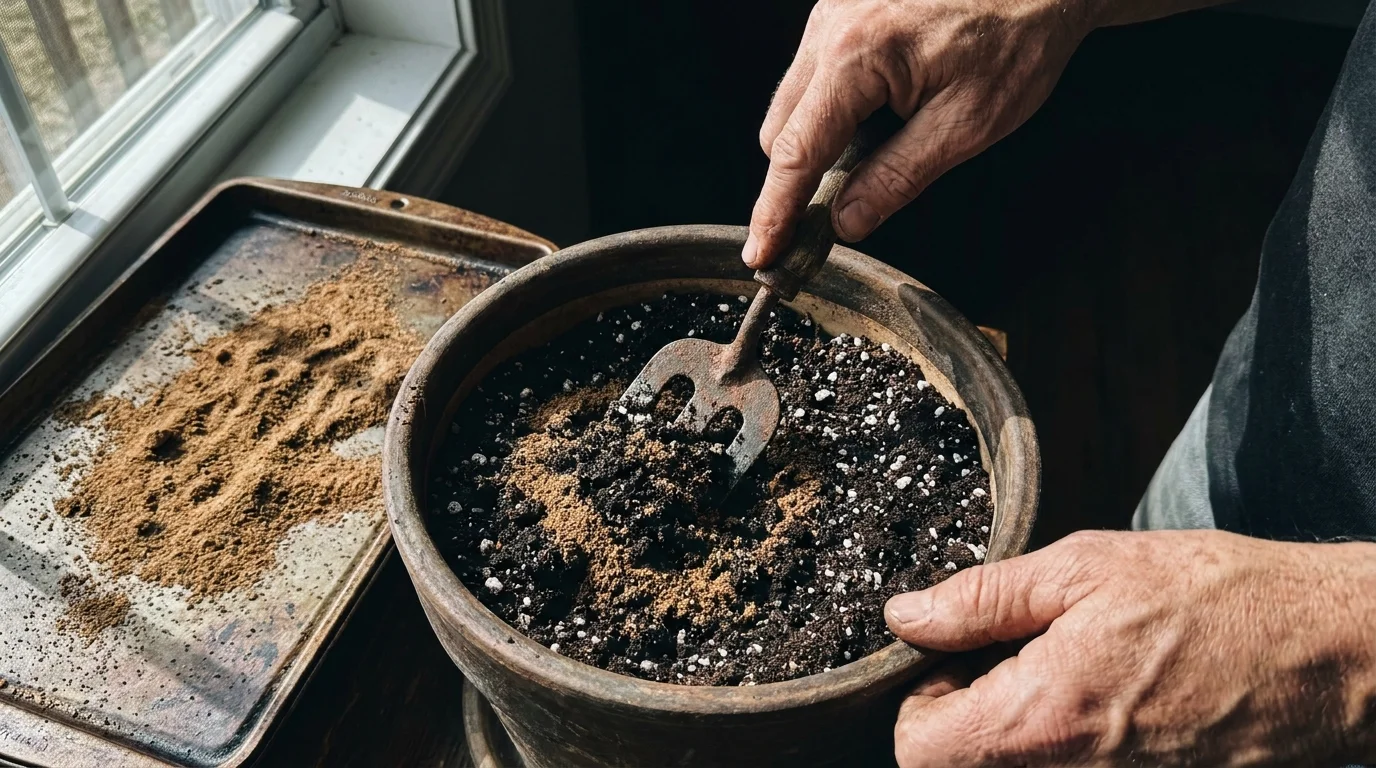 Close-up of hands using a hand fork to mix dry coffee grounds into the top two inches of soil in a garden pot.