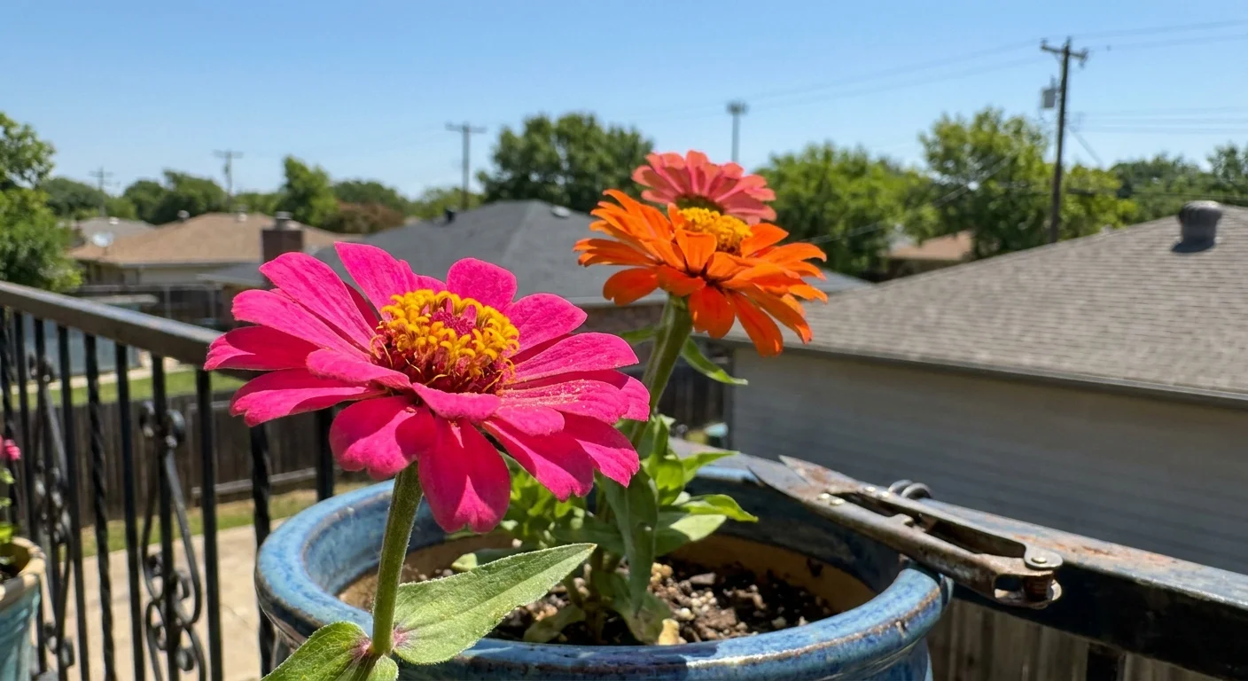 Close-up photo of colorful zinnias growing in a blue pot on a sunny balcony railing.