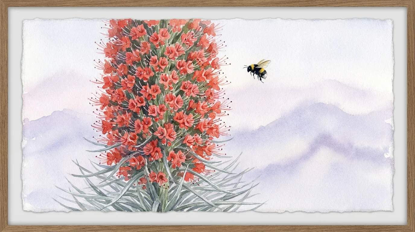 Detailed watercolor of a Tower of Jewels flower spike with a bumblebee flying nearby.
