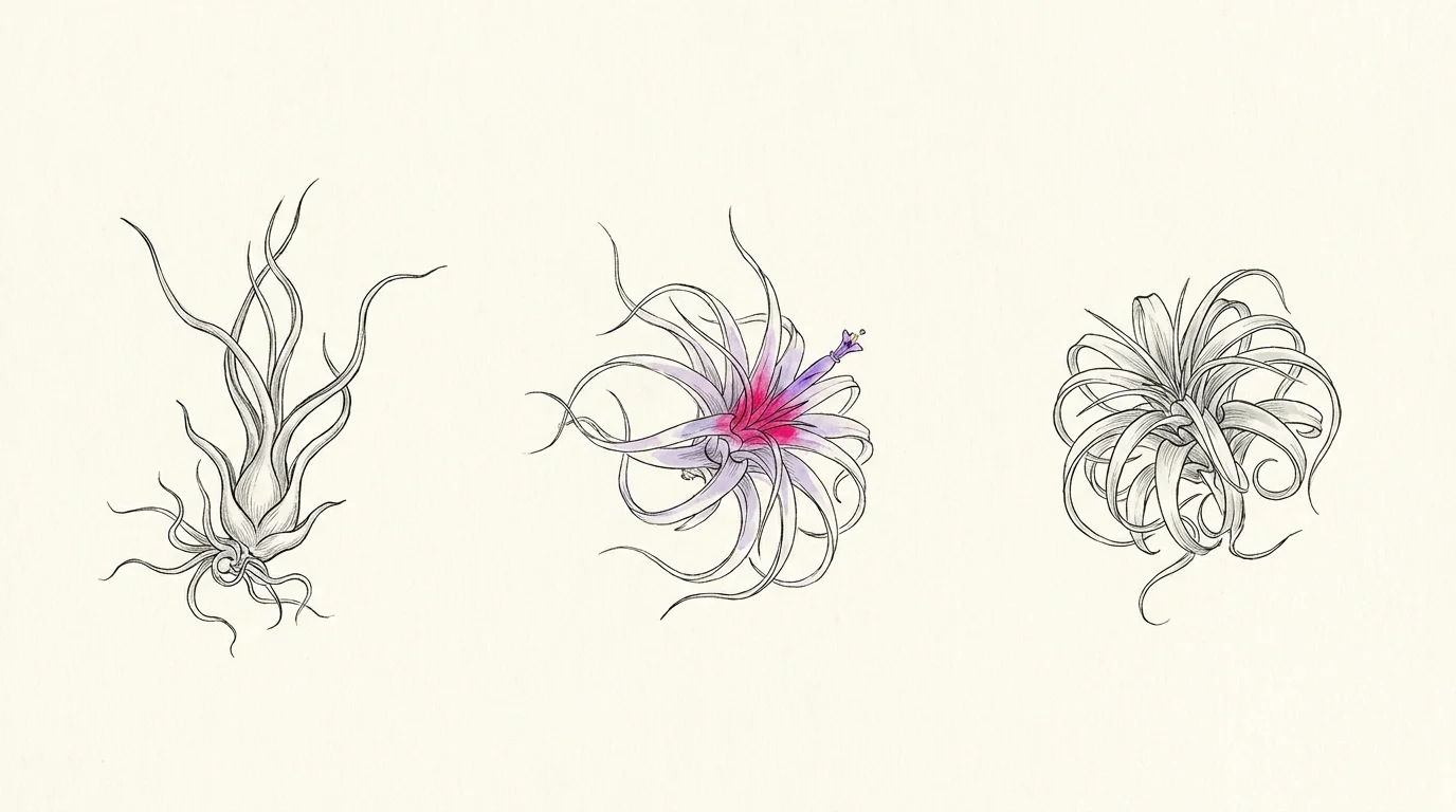 Fine ink and watercolor drawing of floating air plants with one purple flower blooming.