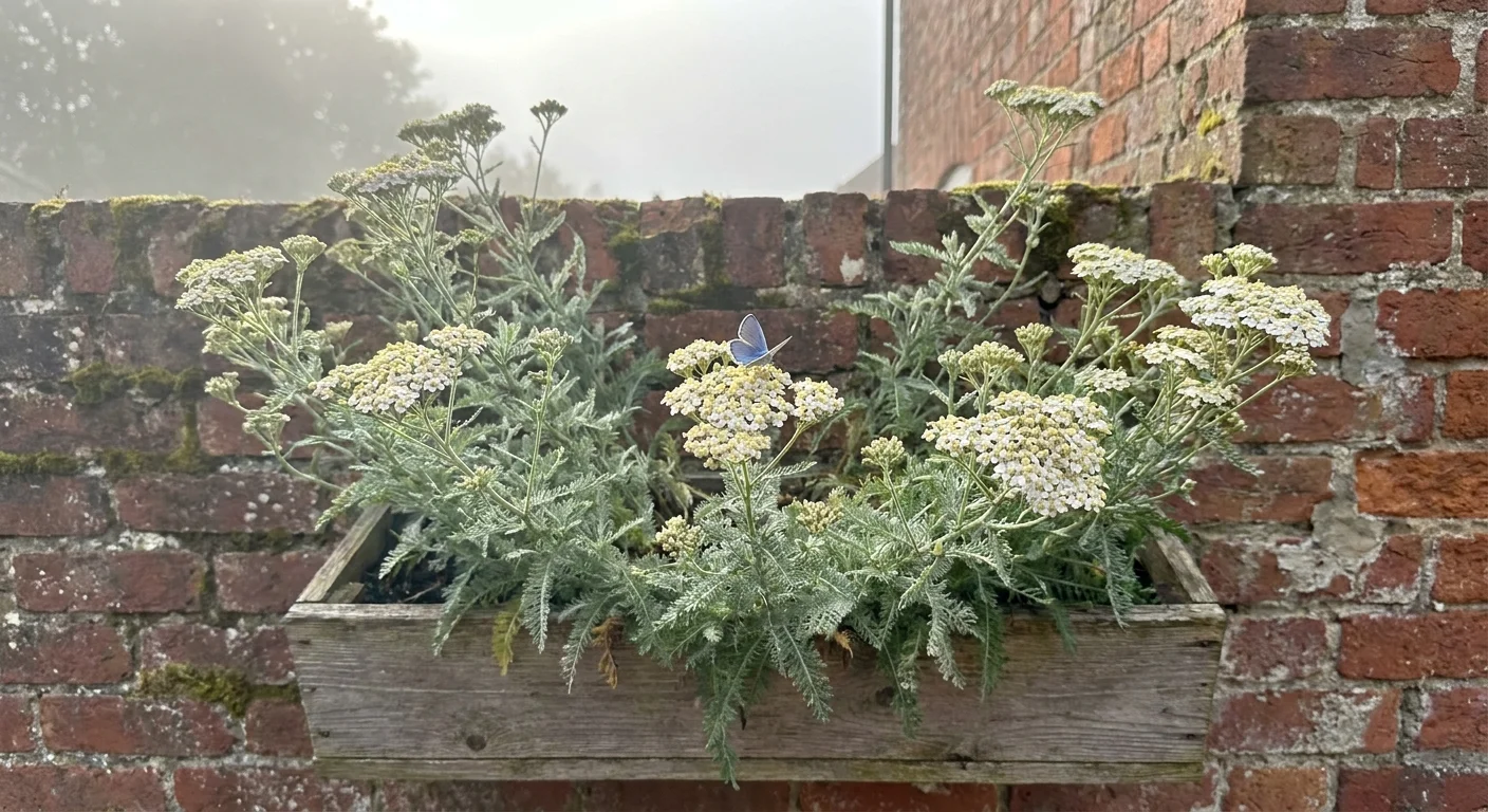 Flat-topped white Yarrow flowers growing in a wooden window box against a brick wall.