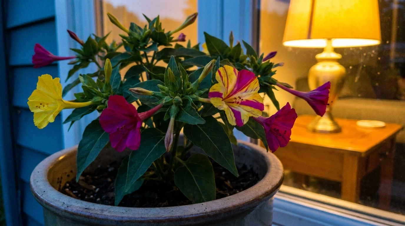Four O'Clock flowers in magenta and yellow blooming simultaneously on one plant at dusk.
