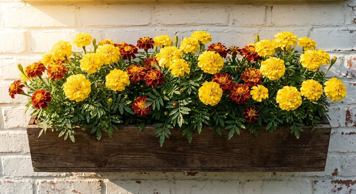 Golden marigolds in a white window box, showing their ruffled petals and dense growth.