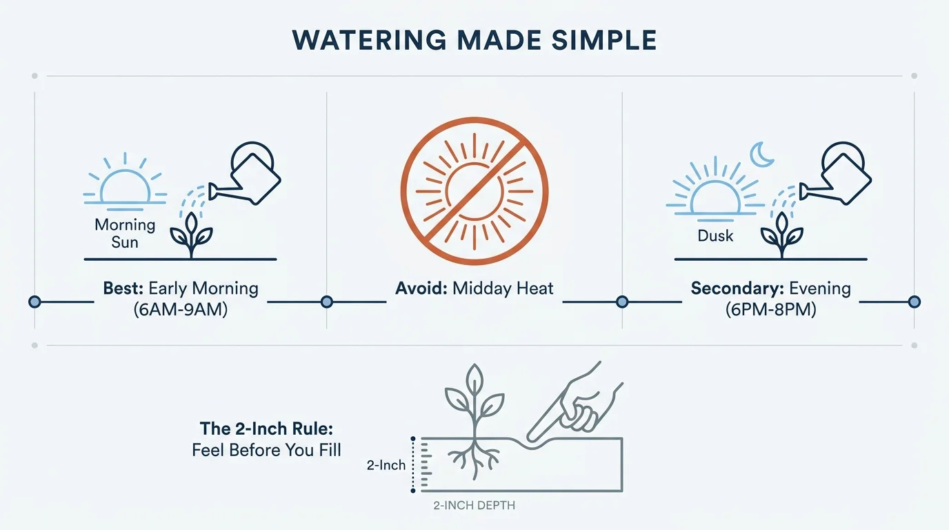 Infographic showing the best times to water plants and the '2-inch rule' for checking soil moisture.