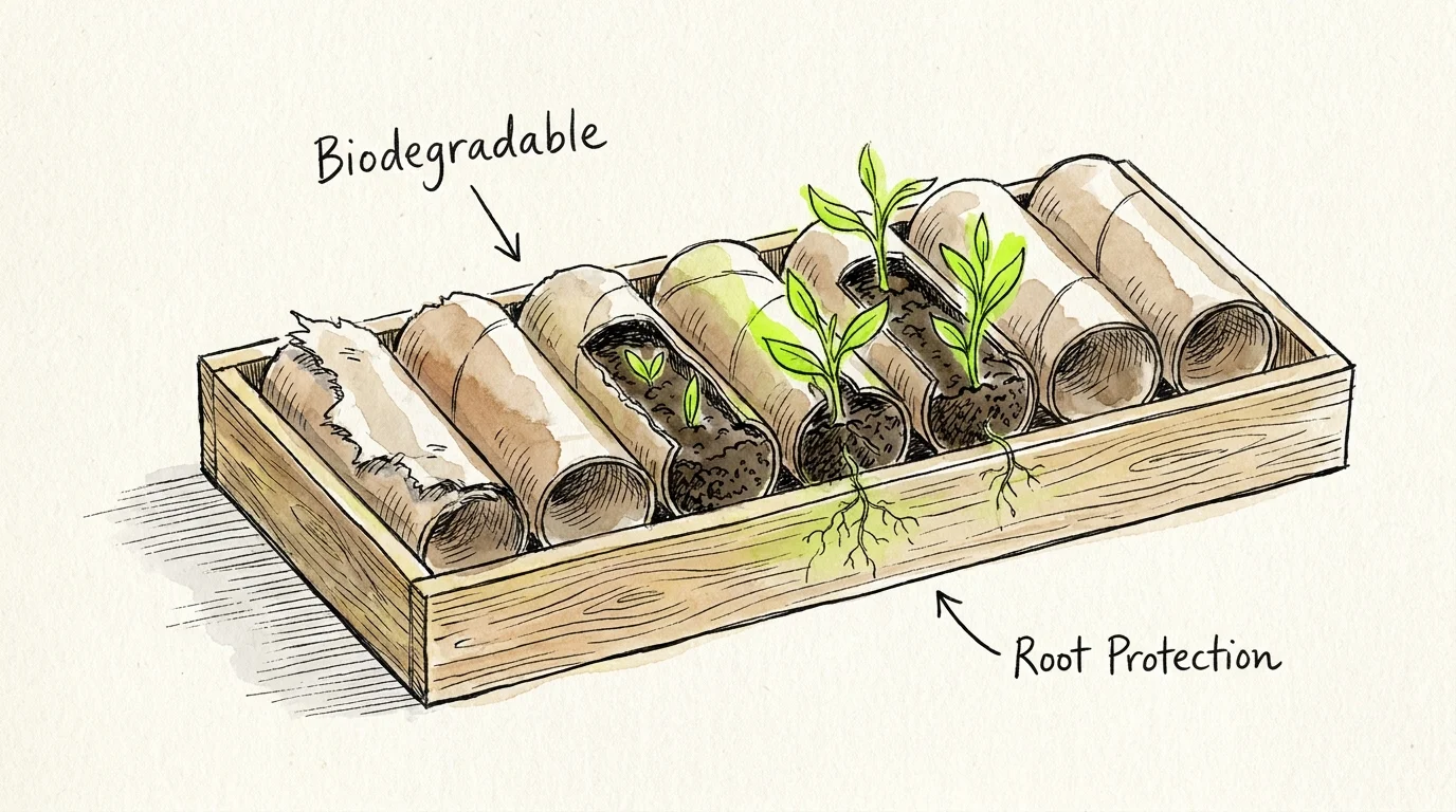 Ink and watercolor drawing of cardboard rolls used as biodegradable seedling pots in a wooden tray.