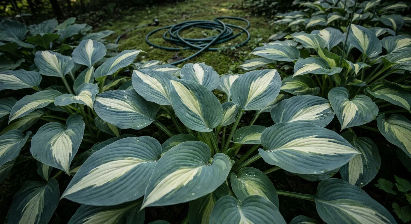 Large, broad-leaved Hosta plants in a shaded garden corner, with water droplets visible on the leaves.
