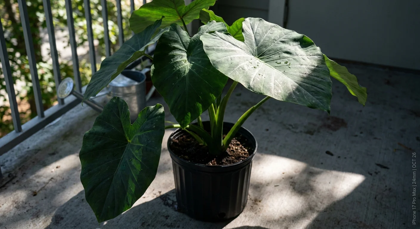 Large Elephant Ear leaves casting a deep shadow on a balcony floor, showing the shade they provide.