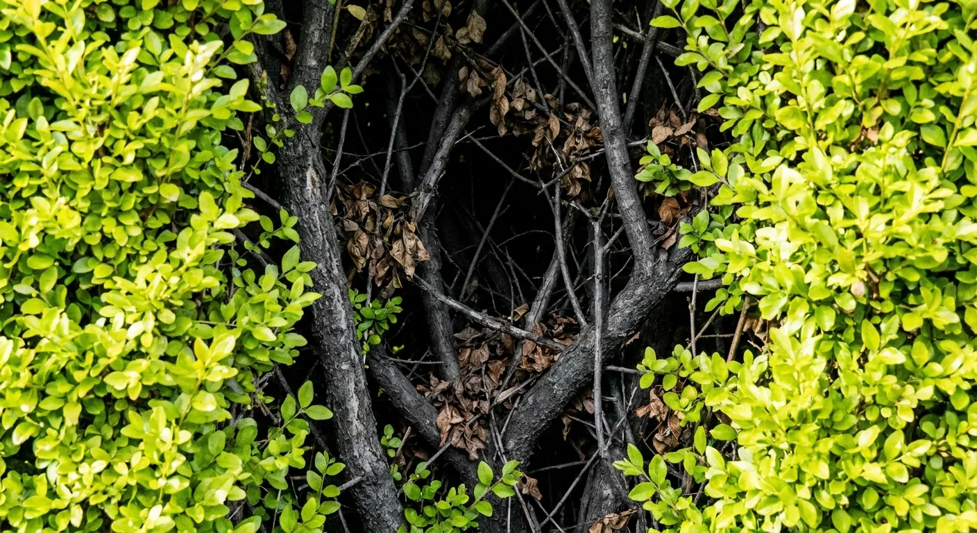 Looking into the dark, tangled interior of a thick green hedge.