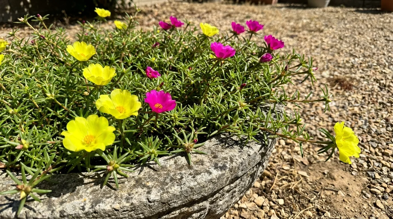 Low-angle photo of colorful Moss Rose flowers trailing over a stone planter in the sun.