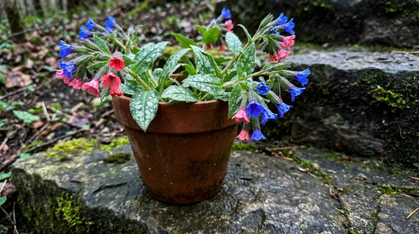 Lungwort flowers in pink and blue shades with distinctively spotted green leaves.