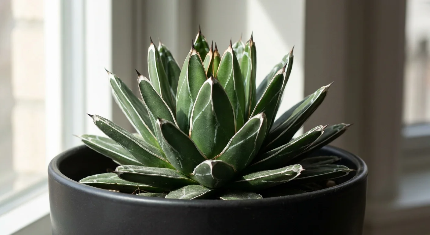 Macro photo of a Queen Victoria Agave showing its distinct white geometric markings and deep green leaves.
