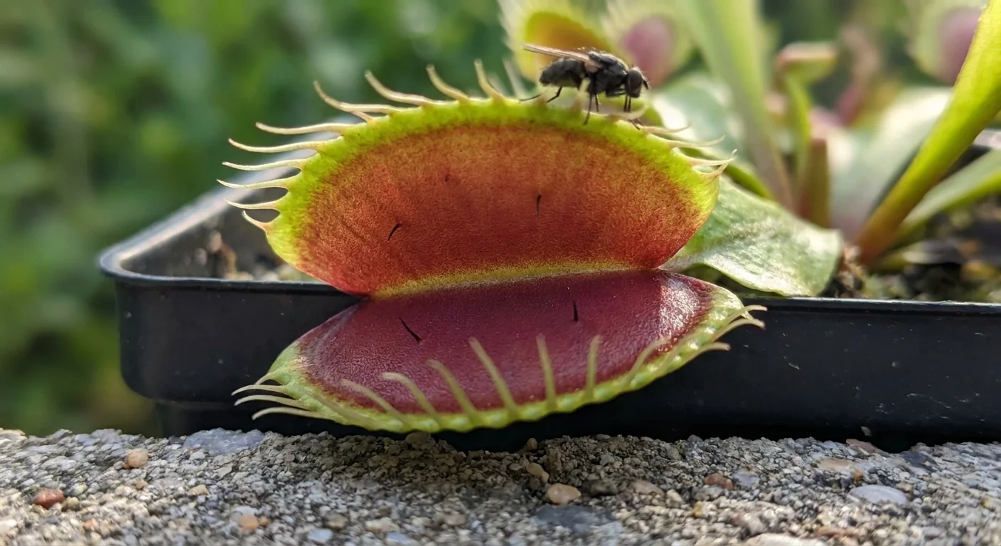 Macro photo of a Venus Flytrap's open red trap with visible trigger hairs on a concrete patio.