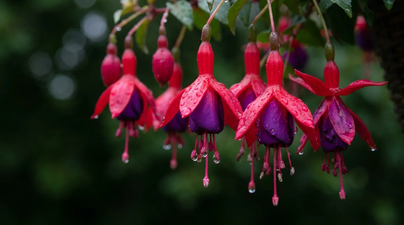 Macro photo of bicolored purple and red Hardy Fuchsia flowers dripping with rain droplets.