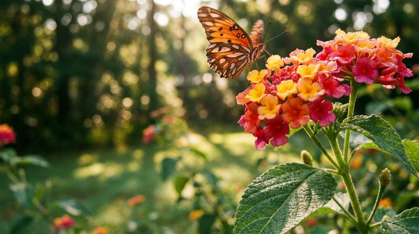 Macro photo of orange and yellow Lantana flowers with a butterfly approaching in a garden.
