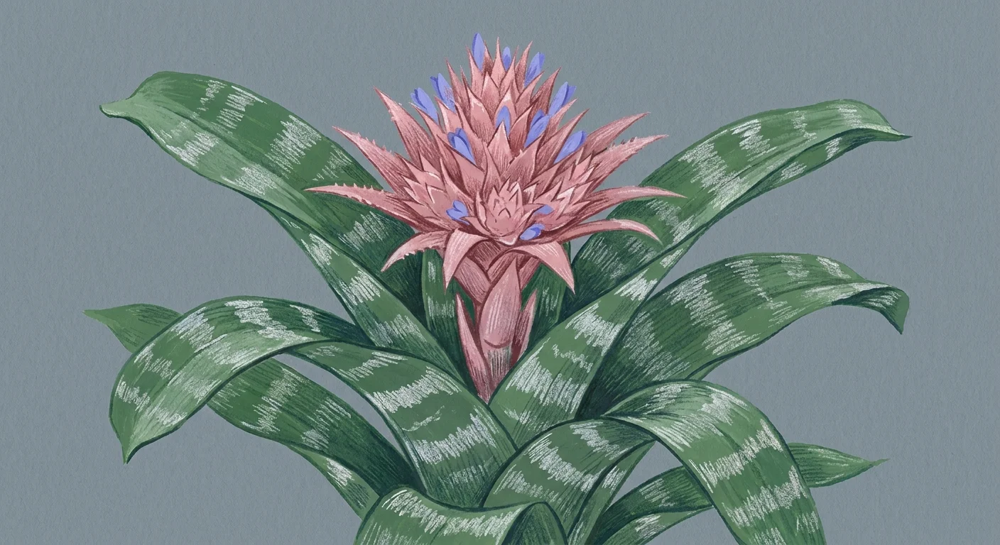 Modern gouache illustration of a Silver Vase Plant with its pink flower spike and striped leaves.