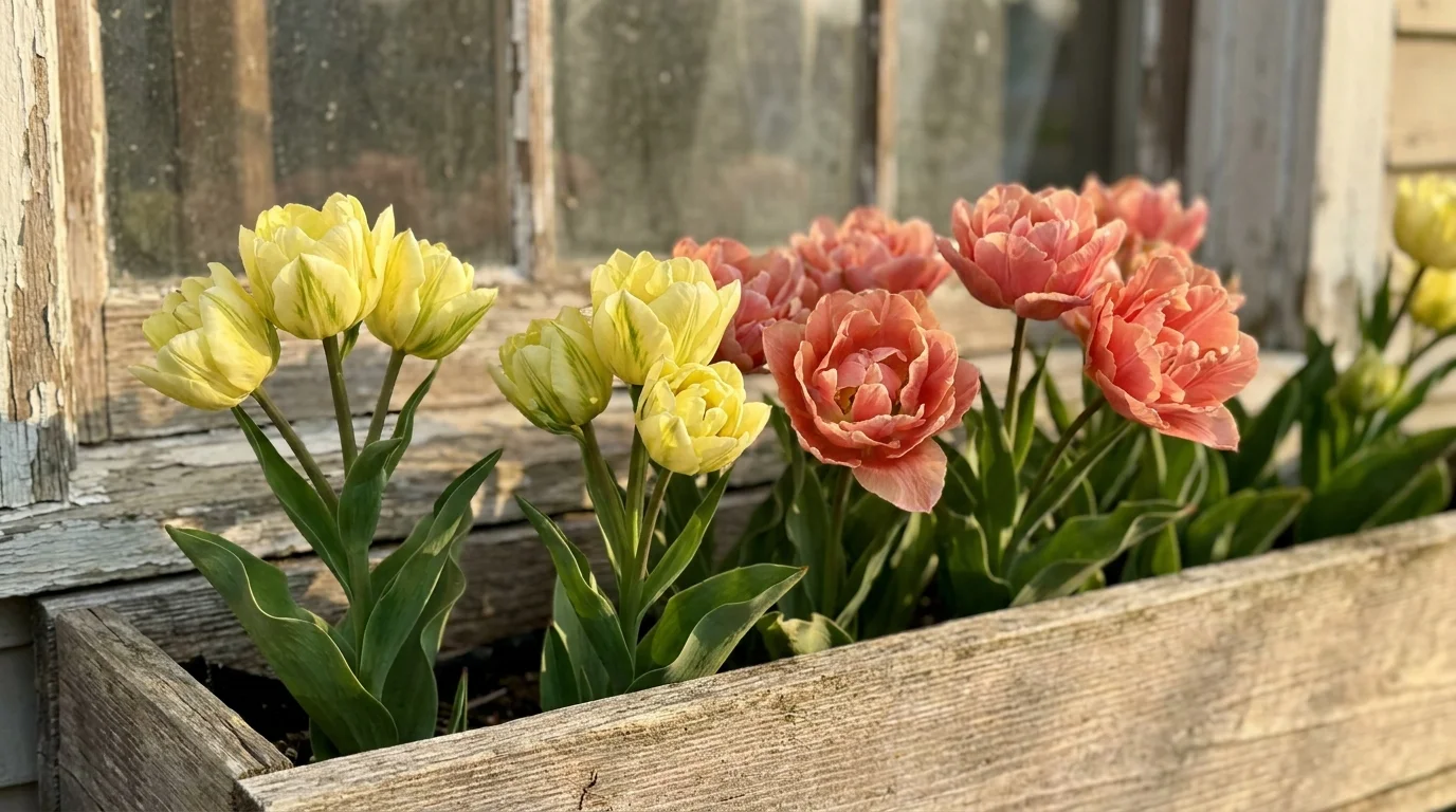 Multi-headed Antoinette tulips transitioning from buttery yellow to salmon pink in a window box.