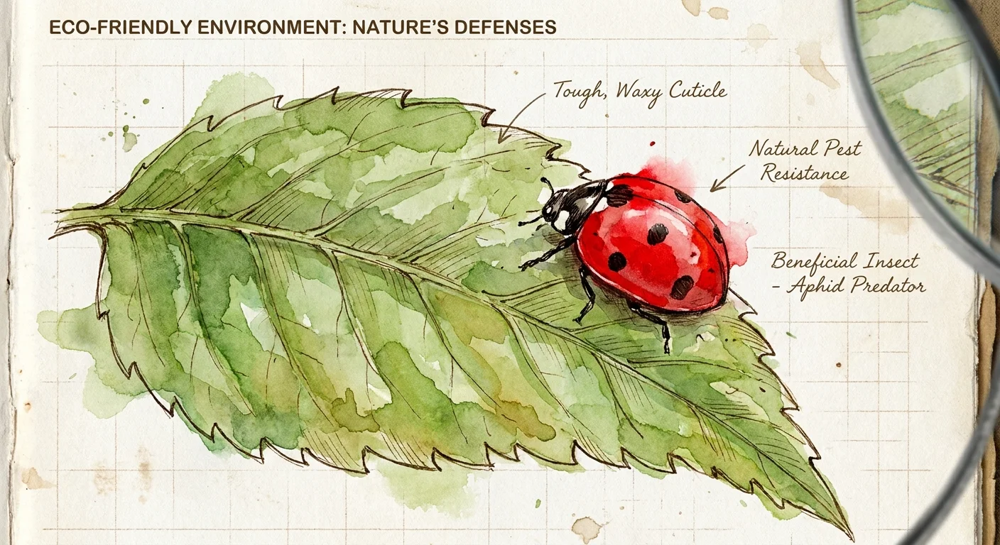 Naturalist-style ink and watercolor sketch of a ladybug on a leaf with labels about natural pest resistance.