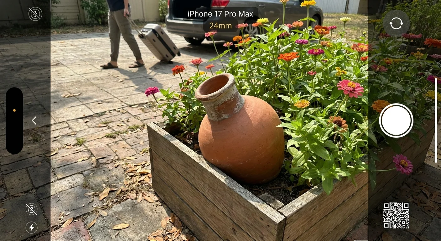 Photo of a self-watering wine bottle stake in a flower pot, with someone leaving for vacation in the background.