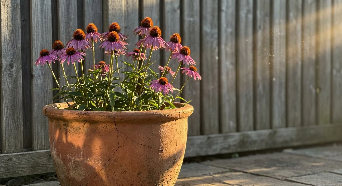Purple Coneflowers with tall stems and spiky centers growing in a large terracotta pot at sunset.