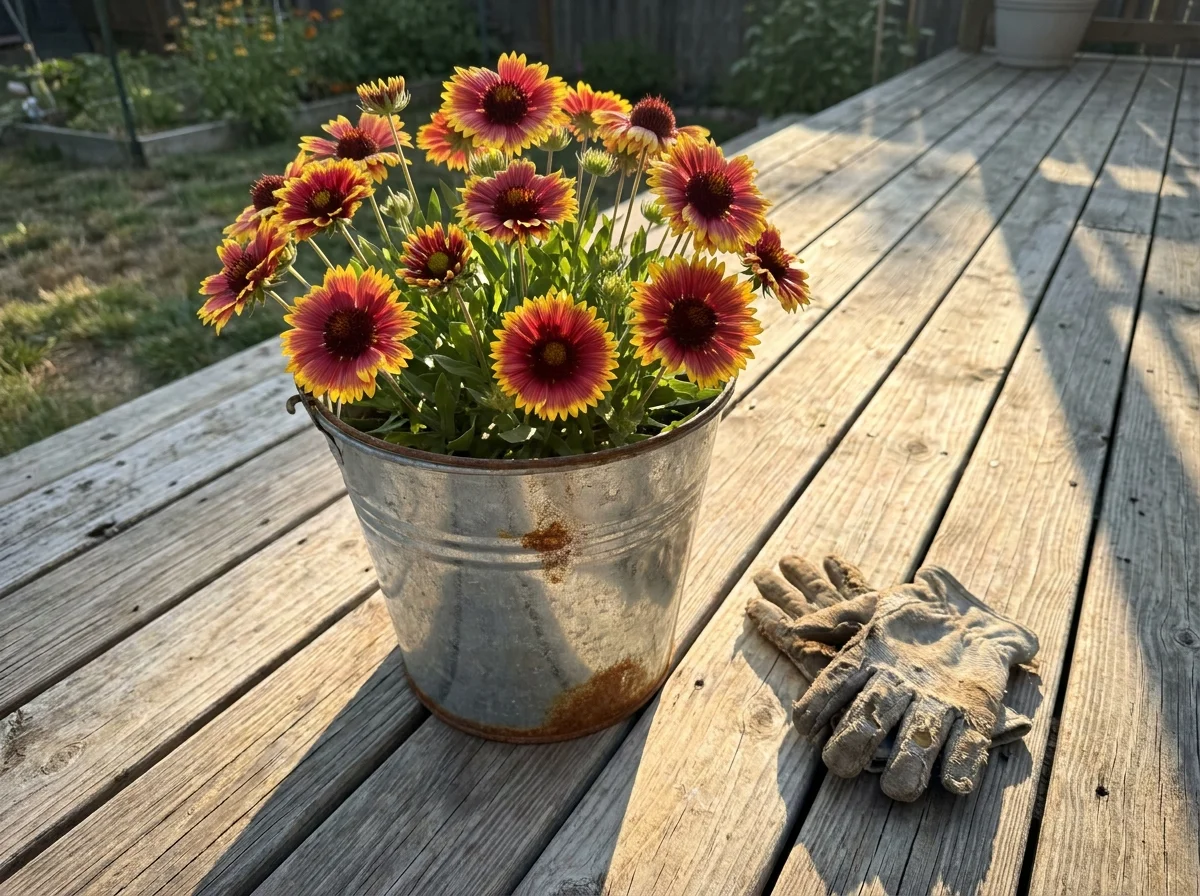 Red and yellow Blanket Flowers blooming in a rustic galvanized metal bucket on a sunny deck.