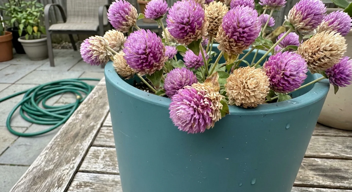 Round, purple Globe Amaranth flowers blooming in a modern teal planter on a patio.