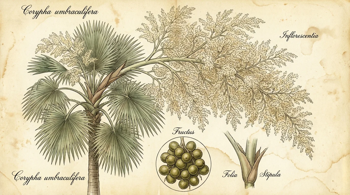 Scientific botanical illustration of a Talipot Palm with a massive flowering crown on parchment.
