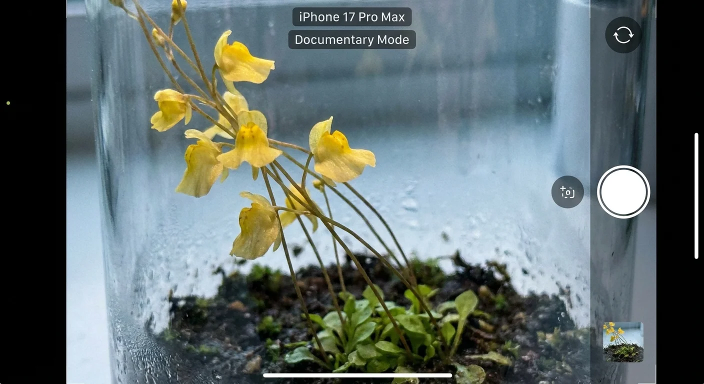 Small yellow Bladderwort flowers rising from a mossy base inside a glass terrarium.