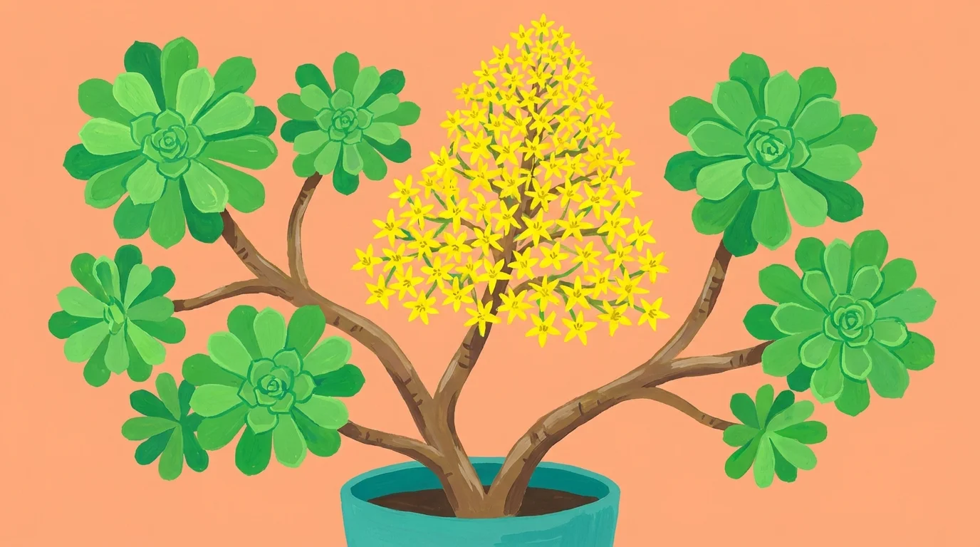 Stylized gouache painting of a Tree Aeonium with a large cone of bright yellow flowers.