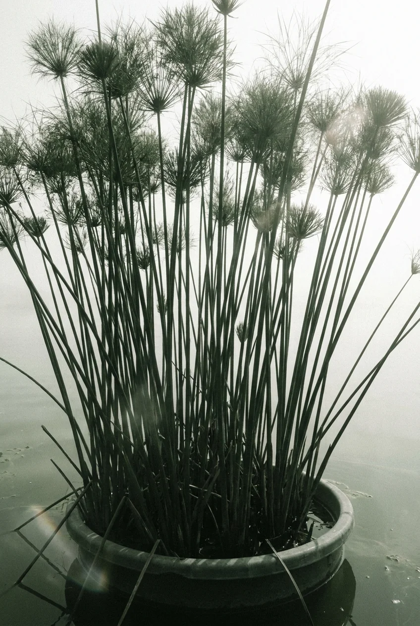 Tall papyrus stalks growing in a cluster, casting shadows over the water at their base.