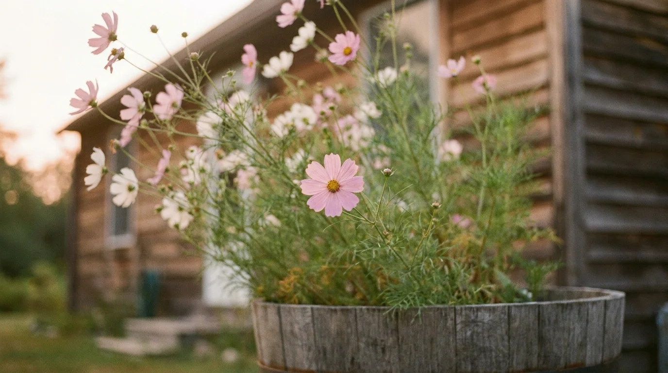 Tall pink and white cosmos flowers with feathery leaves growing in a wooden barrel planter.