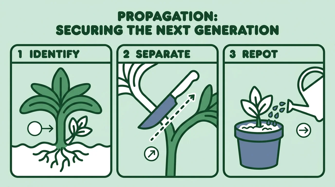 Three-step infographic showing how to identify, separate, and repot a plant pup for propagation.