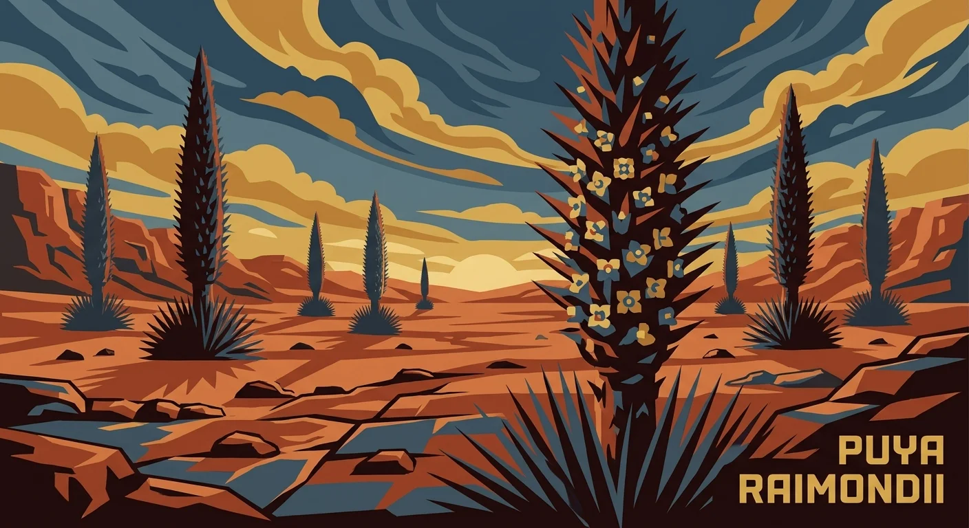Vintage poster-style illustration of giant Queen of the Andes plants on a rocky mountain plateau.