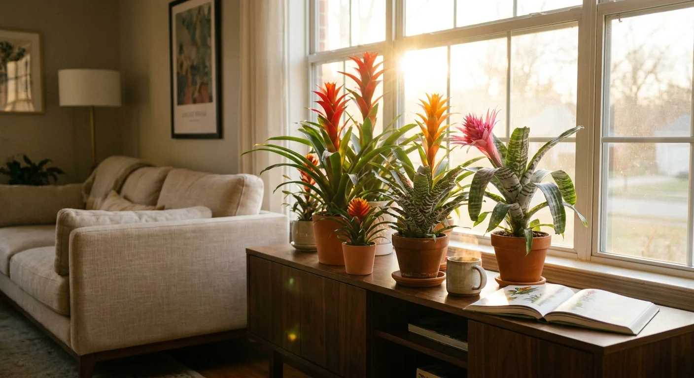Warm, film-style photo of colorful bromeliads on a wooden cabinet in a sunlit living room.