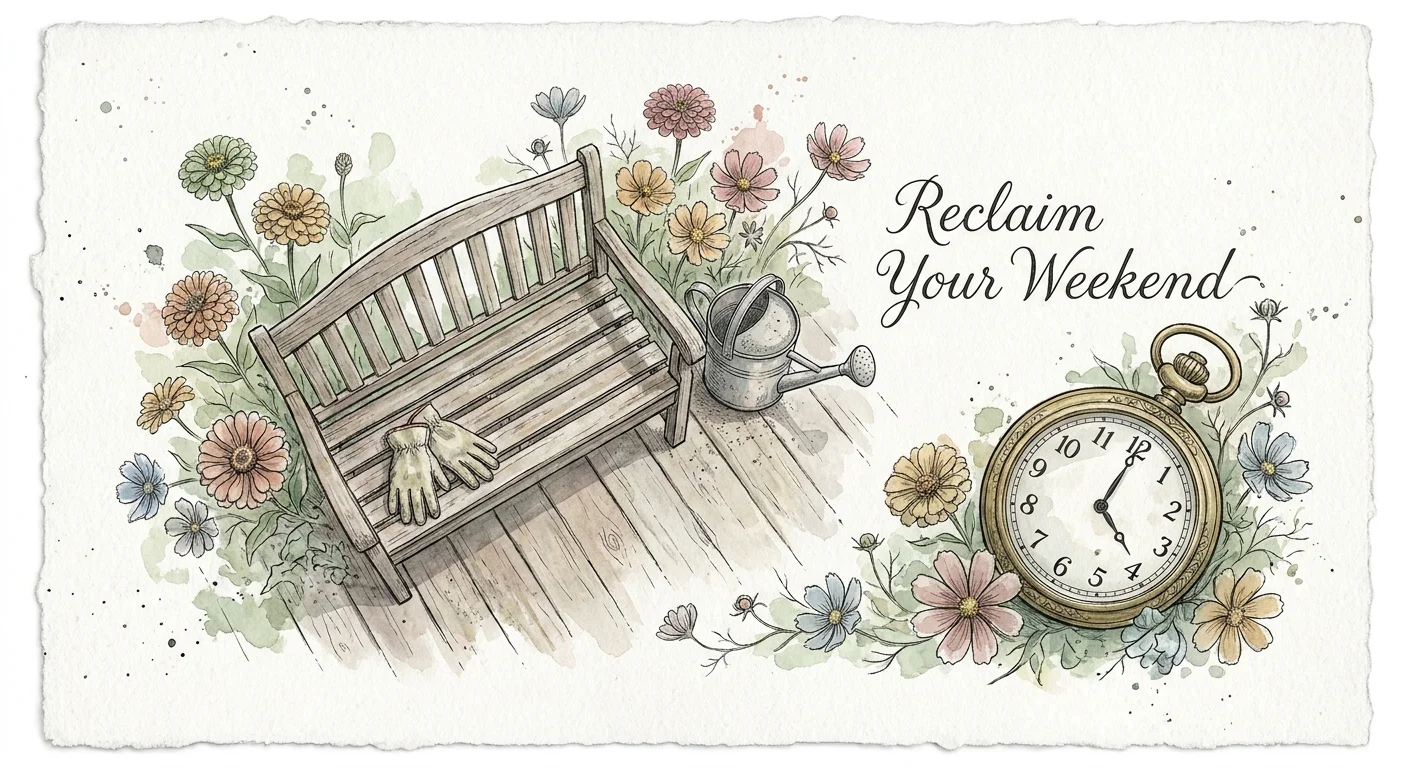 Watercolor illustration of a garden bench and a pocket watch surrounded by flowers, symbolizing time saved in a low-maintenance garden.