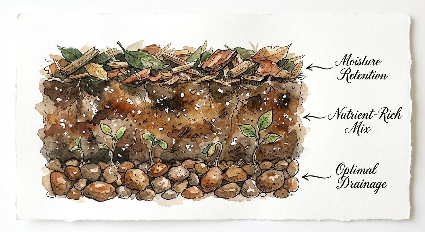 Watercolor illustration of a planter cross-section showing layers of pebbles, soil, and mulch with labels.