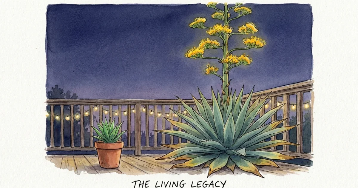 Watercolor illustration of a tall Agave bloom on a balcony at twilight, showing the parent plant and a new sprout.